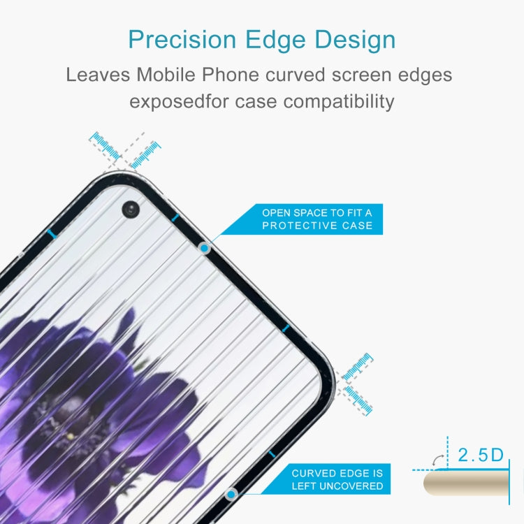 Tempered glass screen protector showing rounded 2.5D edge design for phone