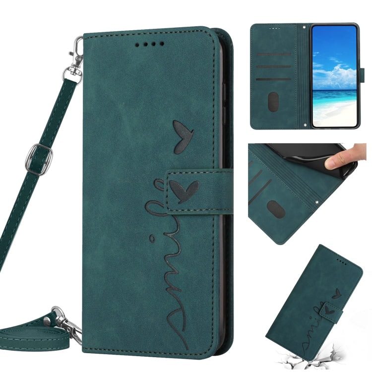 Green leather phone case with lanyard strap, heart pattern and flip cover