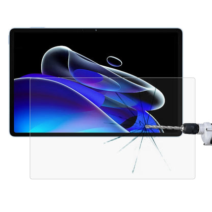 Tempered glass screen protector film with installation tool on tablet screen
