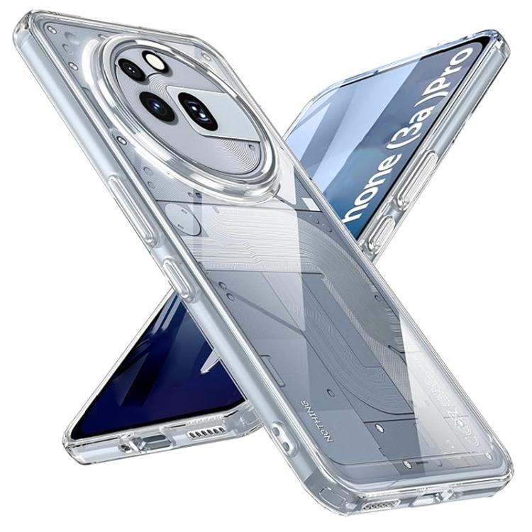 Transparent shockproof phone case with clear back and camera cutouts, angled view