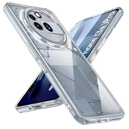 Transparent shockproof phone case with clear back and camera cutouts, angled view