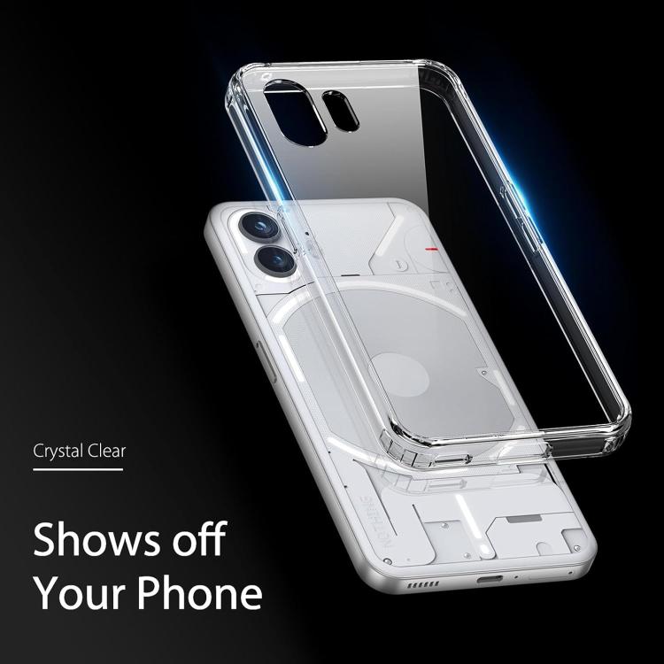 Clear shockproof phone case with raised corners and camera protection, angled view