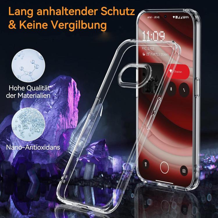 Transparent shockproof phone case on a phone, showing camera lens and side buttons