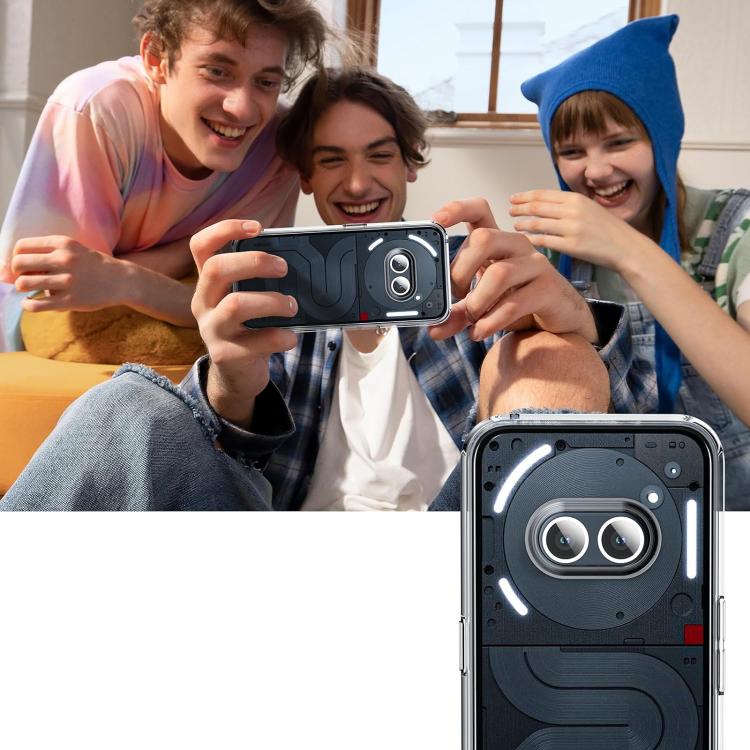 Clear shockproof phone case held by people, showing camera cutout and side ports