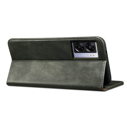 Green crazy horse leather folio phone case with camera cover and kickstand angle