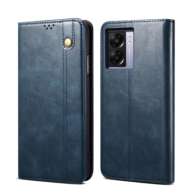 Blue crazy horse leather phone case with camera cutout and snap closure