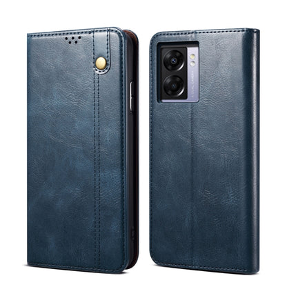 Blue crazy horse leather phone case with camera cutout and snap closure
