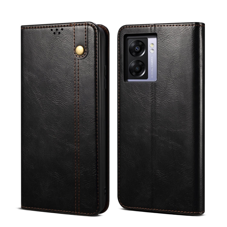 Black crazy horse leather phone case with camera window and protective flap