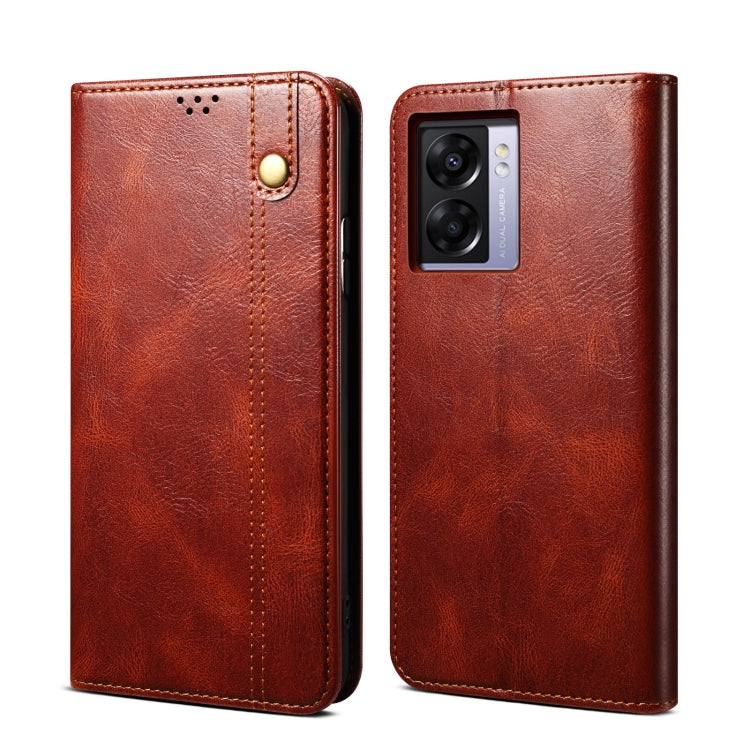 Brown crazy horse leather phone case with camera cutout and snap button