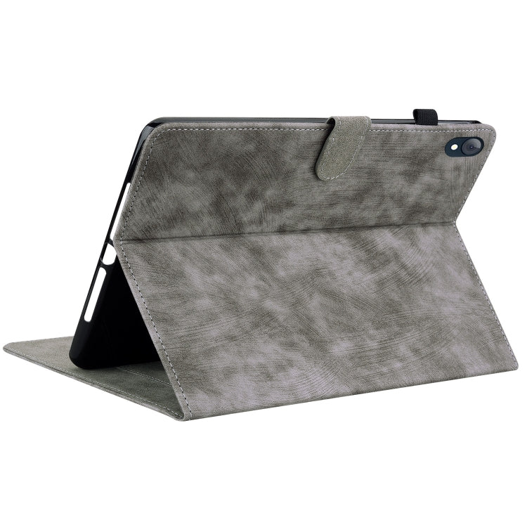 Grey PU tablet folio case in stand position with top flap and side button cutout