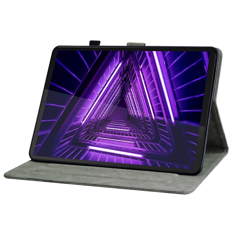 Grey PU tablet folio case with built-in stand, holding tablet upright