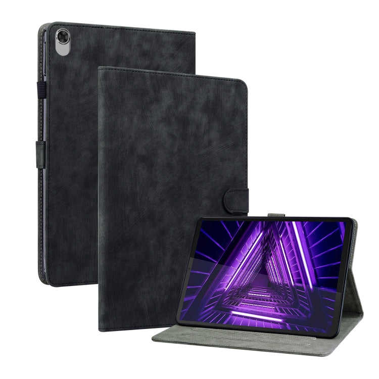 Black PU tablet case with front flap and stand; tablet in landscape view