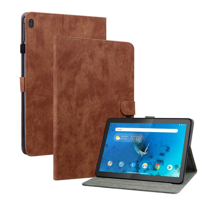 Brown PU tablet folio case with magnetic strap and stand; blue home screen