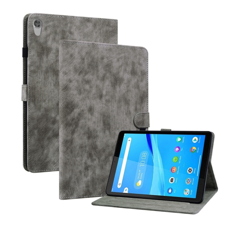Grey PU tablet case with front flap and stand; tablet in landscape view