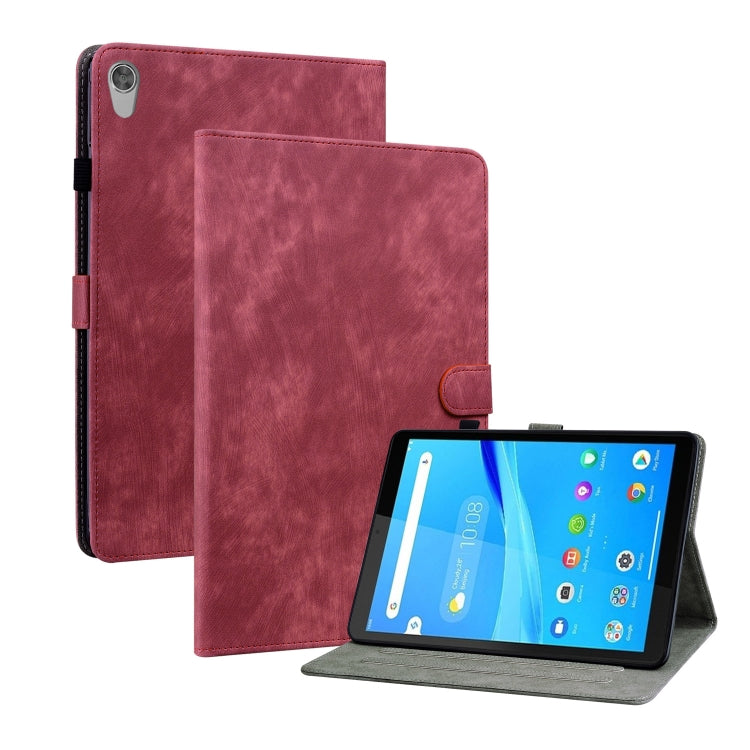 Rose red PU tablet case with front flap and stand; tablet in landscape view