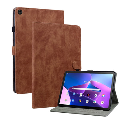 Brown PU tablet case with folio cover, button clasp, and stand support.