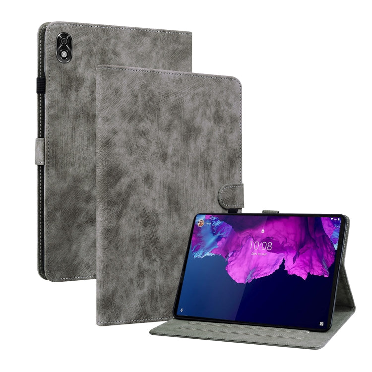 Gray PU tablet case with folio cover and built-in stand, tablet propped for viewing