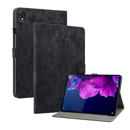 Black PU tablet case with folio cover, magnetic snap strap, stand for tablet viewing