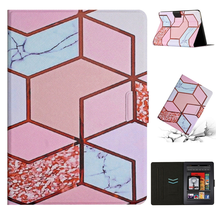 Marble patterned smart leather tablet case with matching geometric purple and blue cover