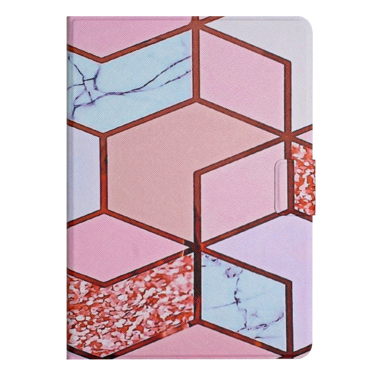 Marble patterned smart leather tablet case, pink and blue geometric block design