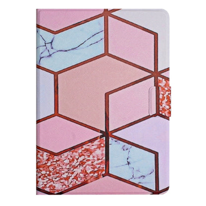 Marble patterned smart leather tablet case, pink and blue geometric block design