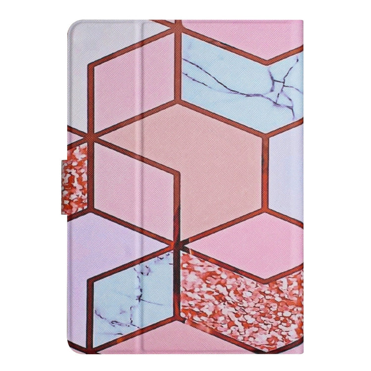 Marble patterned smart leather tablet case, close view of pink and blue geometric pattern
