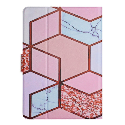 Marble patterned smart leather tablet case, close view of pink and blue geometric pattern