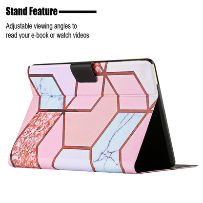 Smart leather tablet case showing fold stand support, pink marble geometric cover