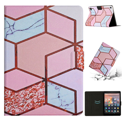 Marble patterned smart leather tablet case with viewing stand, pink and blue geometric print