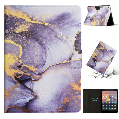 Smart leather tablet case with purple and gold abstract marble pattern, viewing stand position