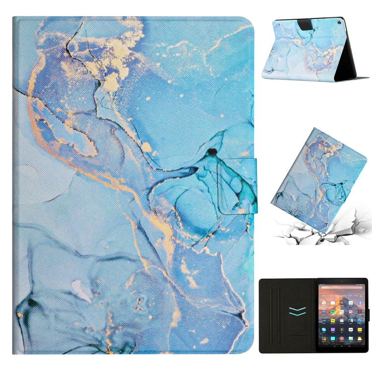 Blue marble patterned smart tablet case with folio stand, textured leather-look surface.