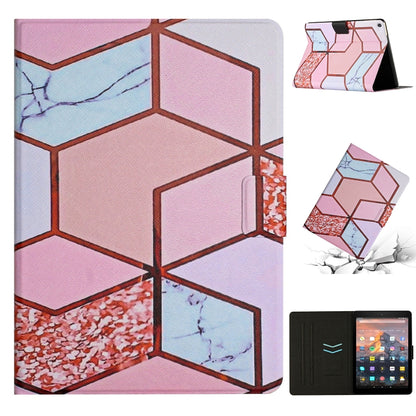 Marble-pattern smart leather tablet case, pink-blue geometric front, folio stand