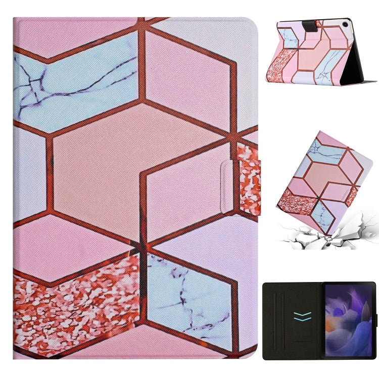 Marble-pattern smart leather tablet case, pink-blue geometric design, stand-ready