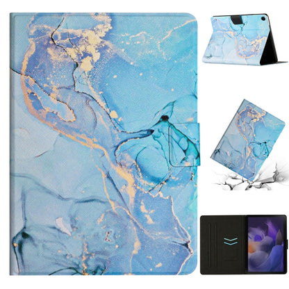 Blue marble patterned smart tablet case with folio stand and interior card slots.