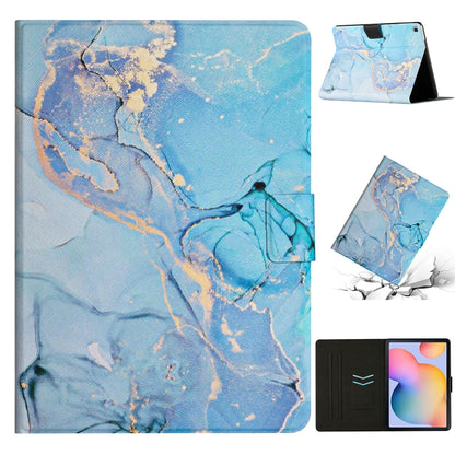Blue marble patterned tablet folio case with textured leather-look cover and stand.