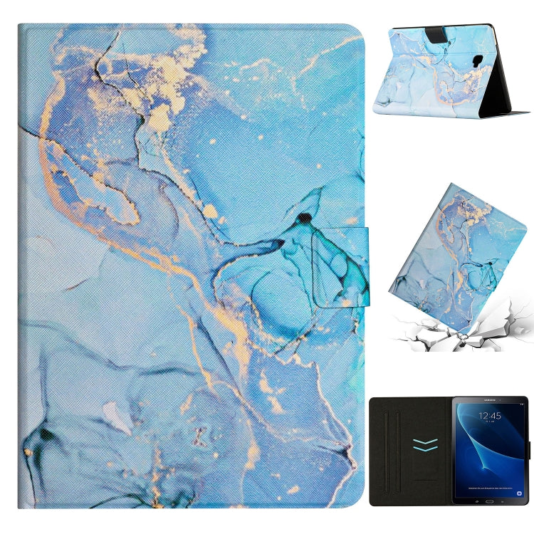 Blue marble patterned smart tablet case with folio cover, interior slots, stand view.