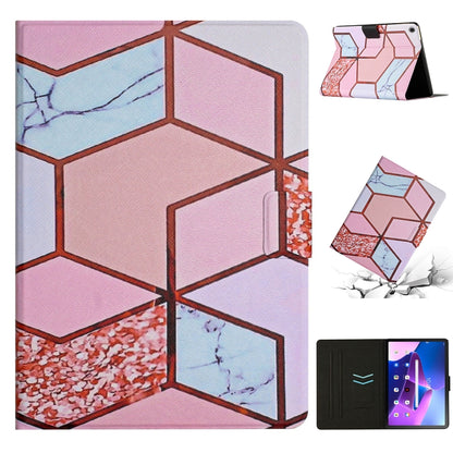Smart leather tablet case with pink and purple geometric marble pattern, flip stand open