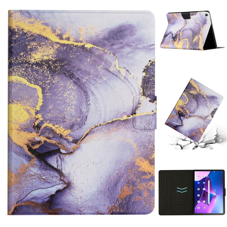 Marble-pattern smart leather tablet case with folio cover, stand view, purple-yellow design
