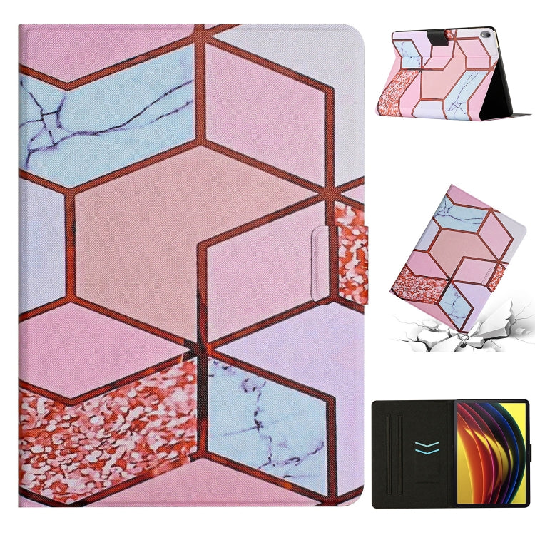 Smart leather tablet case with pink and purple geometric marble pattern, folio stand view