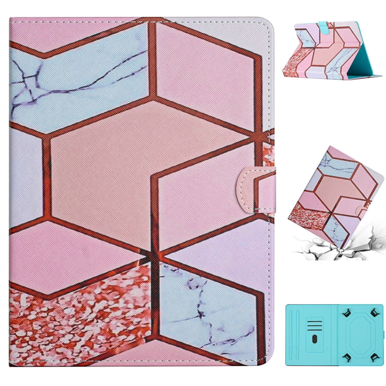 Tablet case with geometric marble pattern, pink and blue, flip cover and side strap
