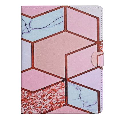 Geometric marble tablet cover case in pink and blue with stitched edges and side latch