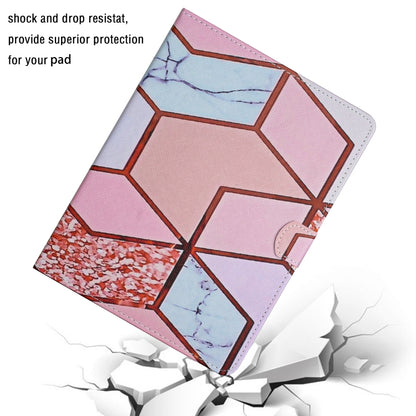 Tablet case with geometric marble design, pink and blue, flip cover with stand-ready angle