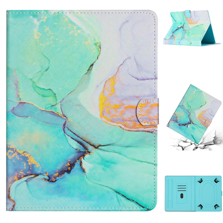 Marble-pattern leather tablet case in teal and aqua with colorful veining, folio stand
