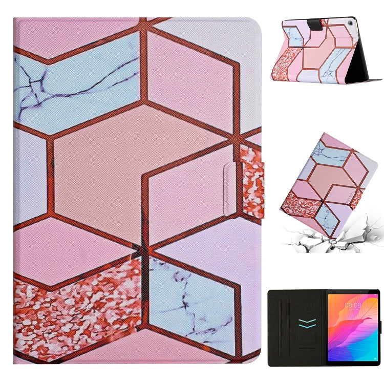 Tablet folio case with pink and blue geometric marble pattern and front flip cover