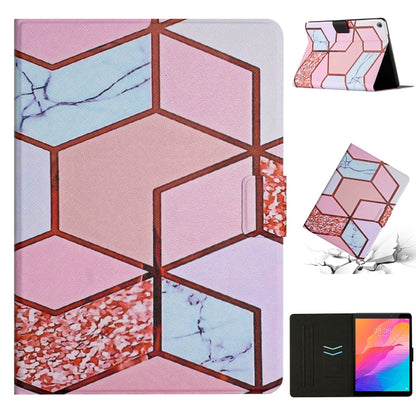Tablet folio case with pink and blue geometric marble pattern and front flip cover