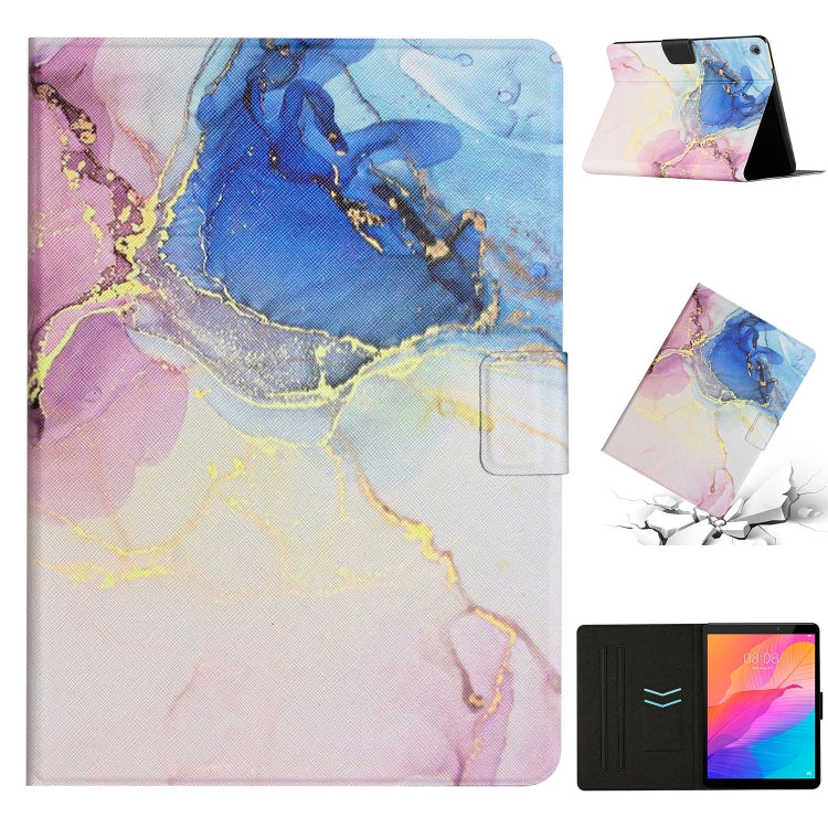 Marble-pattern leather tablet case in purple and blue with gold veining, folio stand