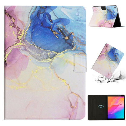 Marble-pattern leather tablet case in purple and blue with gold veining, folio stand
