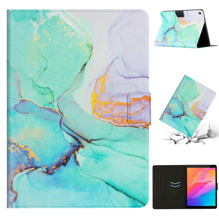 Marble-pattern leather tablet case in teal-blue marble with gold speckles, foldover stand