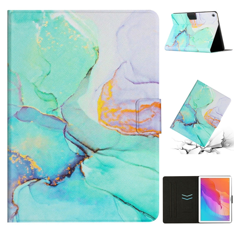 Marble-pattern leather tablet case in teal marble with white border, folio stand