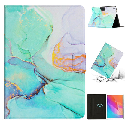 Marble-pattern leather tablet case in teal marble with white border, folio stand